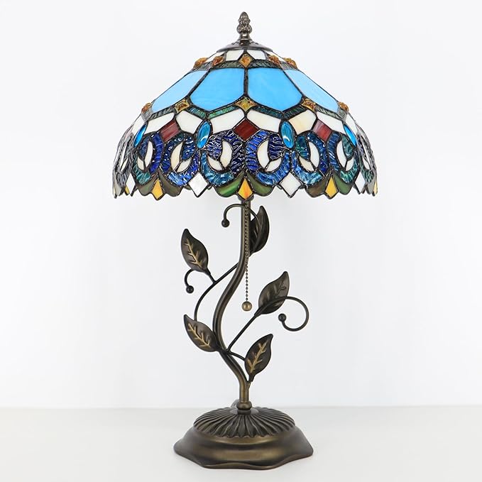 Tiffany Table Lamp, Stained Glass Desk Light, W12H19 Inch, Metal Leaf Base (Sapphire Style)