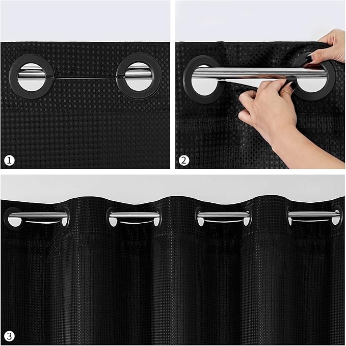 MitoVilla Black Waffle Small Stall Shower Curtain 36 x 74, No Hooks Required Half Size Narrow Fabric Cloth Shower Curtain Set with Snap-in Liner for Modern Bathroom Decor