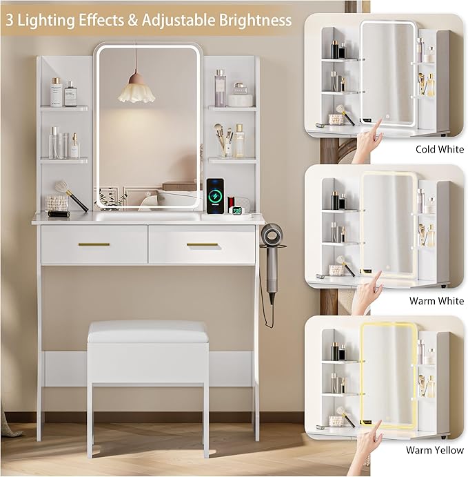 Makeup Vanity Desk with Mirror and Lights, White Vanity with Power Outlet and LED Lights, Vanity Table with 2 Drawers and 6 Storage Shelves, Vanity Set with Chair for Bedroom