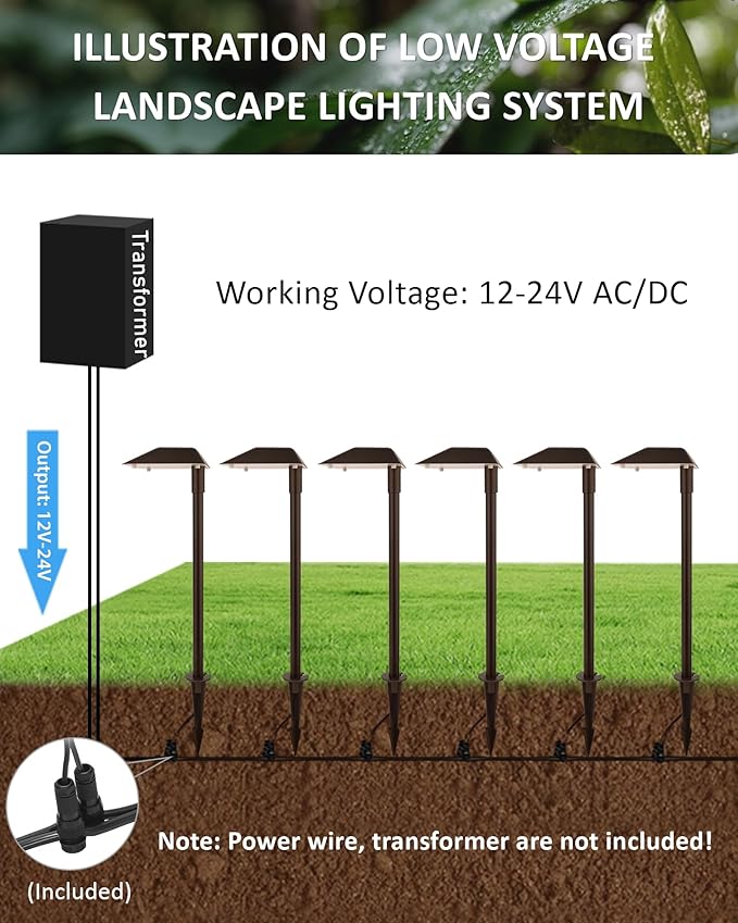 Landscape Path Lights Low Voltage, 6PK Bronze, Work with Replaceable 5W 3000K LED G4 Bulb and Connectors, 12V Wired Landscape Lighting for Outdoor Pathway Driveway Garden, Aluminum