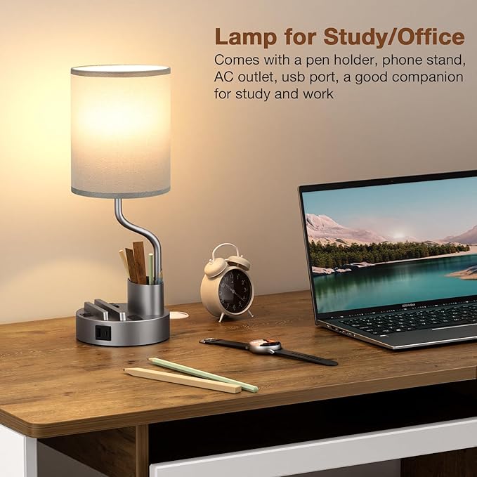 Grey Bedside Table Lamps for Bedroom Set of 2 - Nightstand Light with AC Outlet and USB A & C for Charging, 3 Color Temperatures Desk Lamp with Pen Holder & Phone Stand for Living Room/Dorm/Office