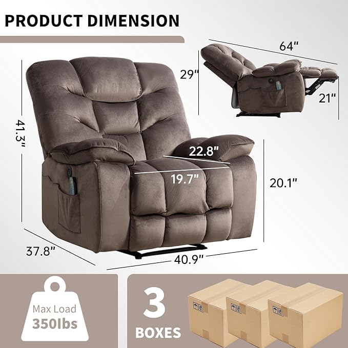 Oversized Electric Recliner Chairs with Massage and Heat, 41" Wide Power Reclining Chair with USB Charging Port, Breathable Overstuffed Reclining Sofa for Living Room Bedroom (No Lift)
