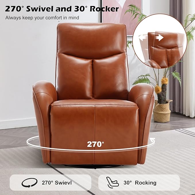 Power Rocker Recliner with 270° Swivel and 30° Rock, Genuine Leather Recliner Swivel Chair with USB and Type-C Ports, Red Brown Recliner Chairs for Adults, 22.4" Extra Wide