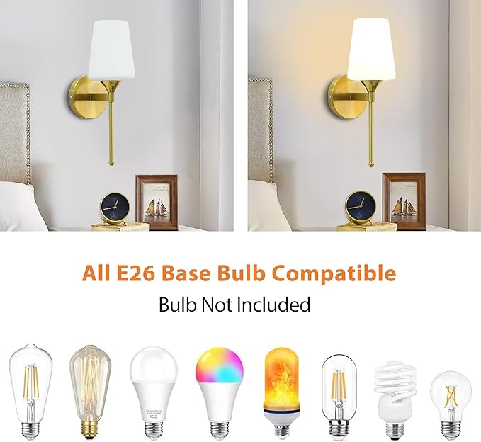 Wall Sconce Set of 2 Brushed Brass Glass Bathroom Vanity Light Fixtures Shade for Bedroom Living Room Hallway (1T 2Pack)