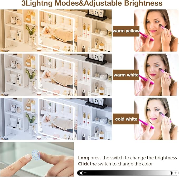 Large Makeup Vanity Desk with Lighted Mirror & Power Outlet,Dresser Table with 3 Lighting Modes Brightness Adjustable,Drawers,Shelves,Hair Dryer Stand for Bedroom,White (No Stool)