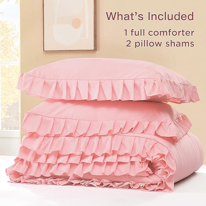 Litanika Pink Full Size Comforter Sets, 3 Pieces Ruffle Farmhouse Aesthetic Bedding Comforter Sets, All Season Soft Lightweight Fluffy Microfiber Bed Set(79x90In Comforter, 2 Pillowcases)