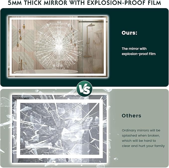 LED Mirror for Bathroom 36"x 60" with Frontlit and Backlit, Anti-Fog Mirror with Lights, Stepless 3 Colors Temperature & Dimmable Bathroom Mirror