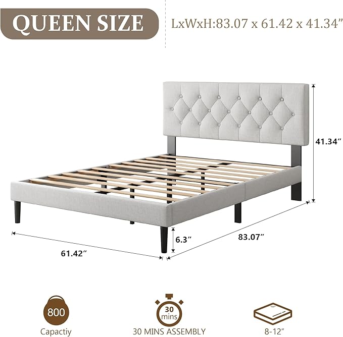 Queen Size Platform Bed Frame with Upholstered Headboard, Button Tufted Design, Strong Wooden Slats, No Box Spring Needed, Easy Assembly, Noise Free