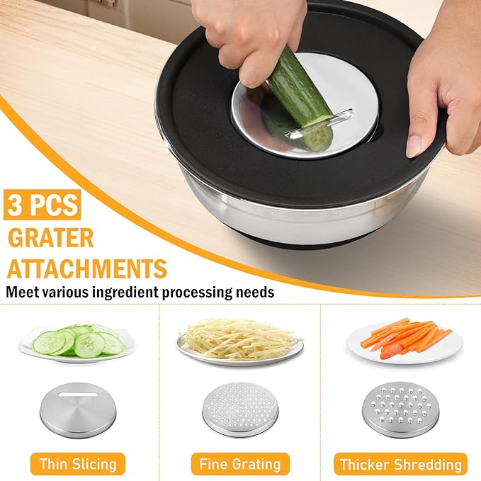 Unokit Mixing Bowls with Lids Set, 7 Pcs Stainless Steel Mixing Bowls with 3 Grater Attachments, Non-Slip Silicone Base Mixing Bowl Set, Sizes 4.5, 4, 3.5, 2.1, 1.5, 1.1, 0.7 Qt for Mixing, Serving