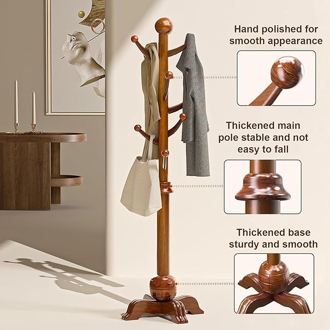 Hall Tree, Freestanding Wood Tree Rack with 7 Hooks, Coat Rack with Stable Sphere Base, Wooden Coat Rack Stand, Load 210 lb, Coat Hanger Stand for Entryway, Hallway, Bedroom, H:72 in, Walnut