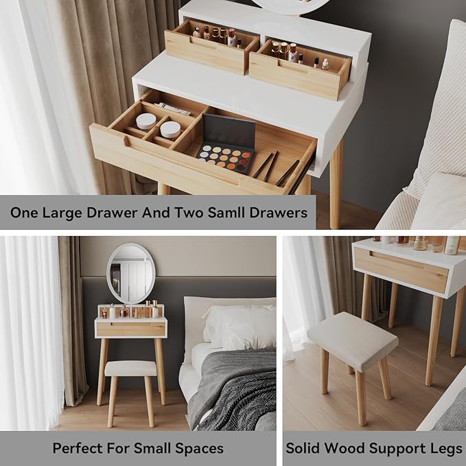 YOURLITE Small Makeup Vanity Desk with Lights, Compact Vanity Desk with Adjustable Brightness Mirror for Small Spaces, Dressing Table with Drawers and Storage Shelves