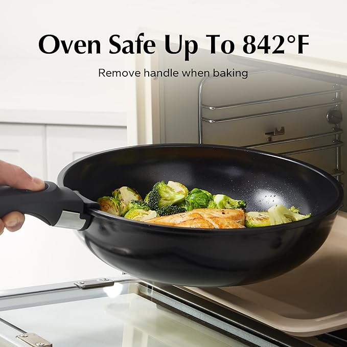 Redchef 16pcs Ceramic Pots and Pans Set Non Stick, Nonstick Kitchen Cookware Set with Detachable Handle, Non Toxic, PFAS PFOA & PTFE Free, RV Cookware Set for Camping, Dishwasher/Oven Safe (Black)