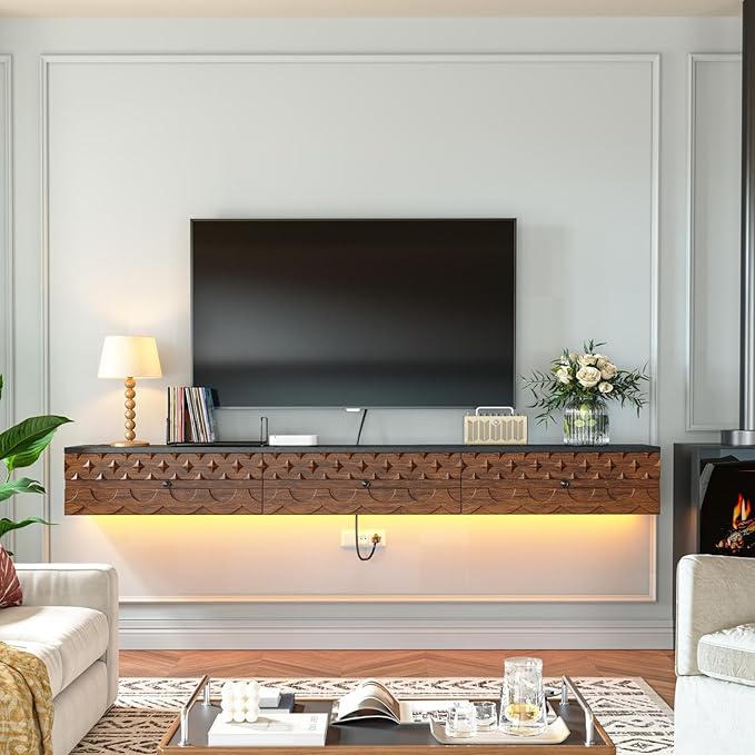 Fully-Assembled Floating TV Stand, Vintage Carved Floating Entertainment Center with Flip-Down Doors & Drawer, Walnut Wood Media Console Shelf Cabinet Under TV Storage for Living Room, 55IN