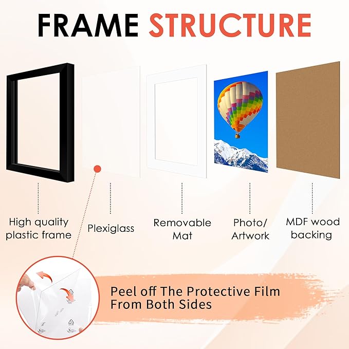 FIXSMITH 8.5x11 Picture Frame Set of 6, Black Photo Frame with HD Plexiglass, Display Pictures 5x7 with Mat or 8.5x11 Without Mat, Multi Picture Frames Collage for Wall Decor