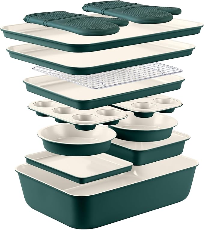 Country Kitchen Nonstick Stackable Bakeware Set - Durable, Easy Release Baking Set, Sage, 13 Pcs