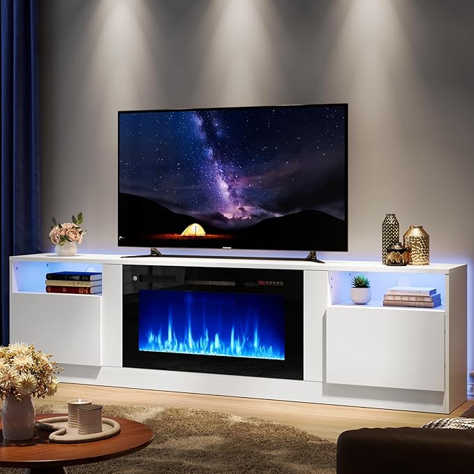 oneinmil 80” TV Stand with 36” Electric Fireplace, Large Modern Media Entertainment Center with Storage Cabinet and 12 Colors LED Lights for TVs Up to 90", White TV Stand and Black Fireplace