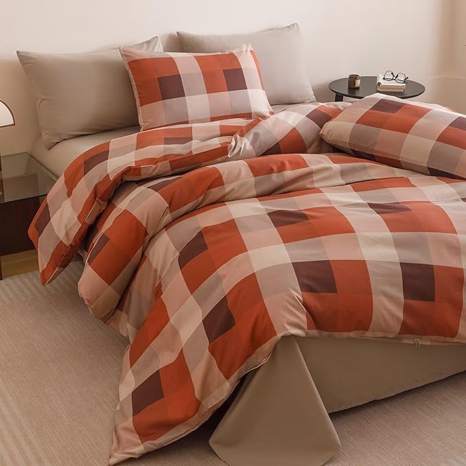 Cottonight Checkered Red Comforter Set Queen Men Gingham Grid Bedding Set Red and Khaki Grid Comforter Fluffy Soft Blanket Quilts Modern Cottagecore Comforter with 2 Pillowcases for Queen Bed