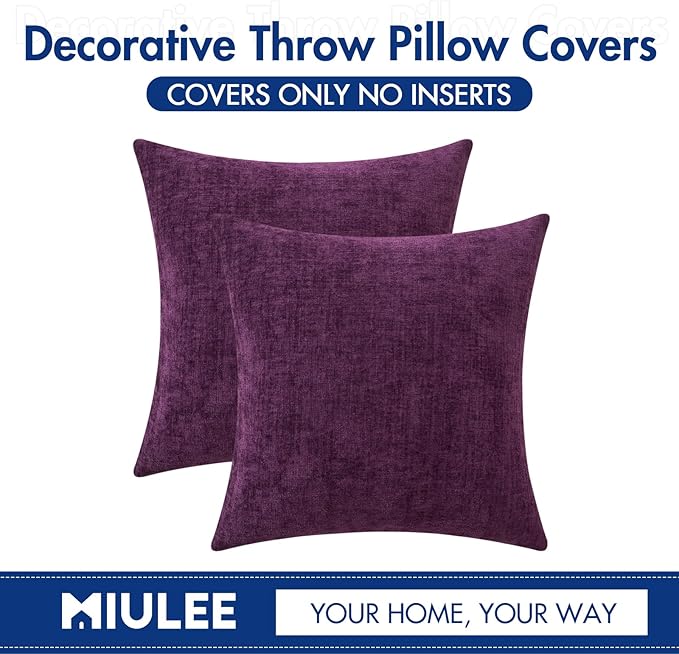 MIULEE Pack of 2 Couch Throw Pillow Covers 20x20 Inch Soft Plum Purple Chenille Pillow Covers for Sofa Living Room Solid Dyed Pillow Cases