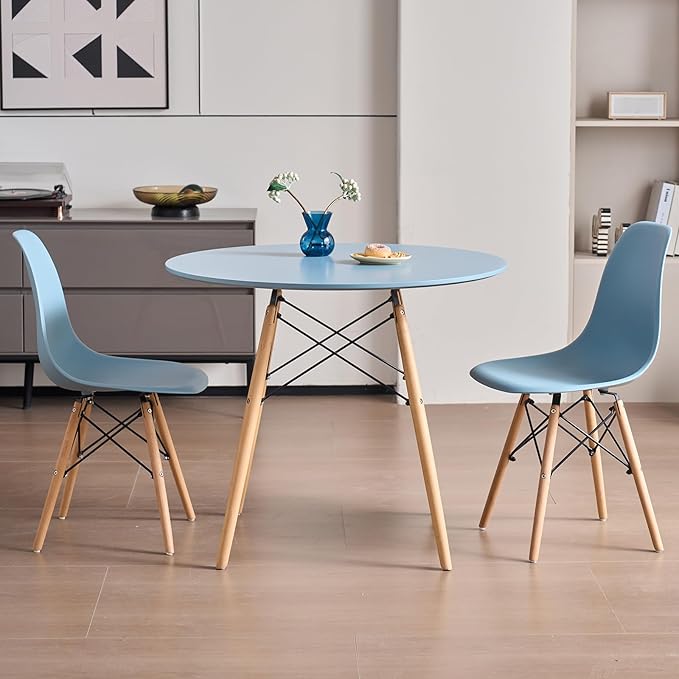 35.5'' 5 Piece Round Dining Table Set for 4, Mid-Century Modern Table with Chairs, Space Saving, Plastic Seats, Wood Legs, Circle Dinner Table for Kitchen, Home, Apartment, Blue