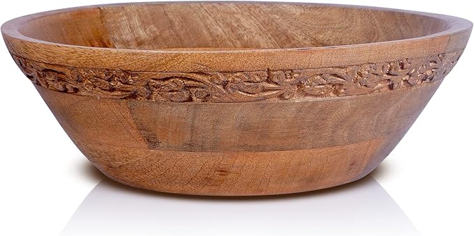 Mela Artisans Wooden Fruit Bowl | Medium Burnt Finish | Large 12” Mango Wood Serving Bowl | Multipurpose for Kitchen Countertop | Salad| Fruit| Snacks| Breads & More | Natural Grain Texture