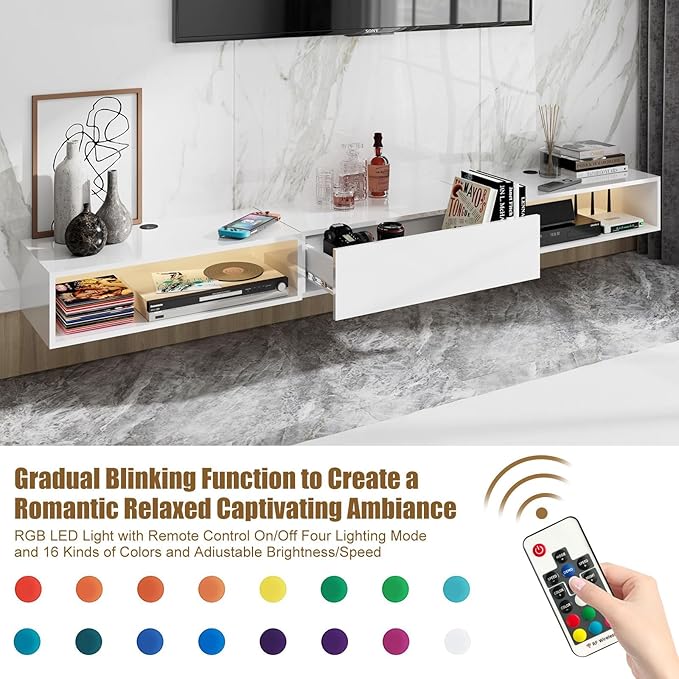 Floating TV Stand for 65 70 75 78 88 95+ inch TV, Entertainment Center with LED Light and Storage Cabinet Media TV Console Shelf for Wall for Living Room Bedroom