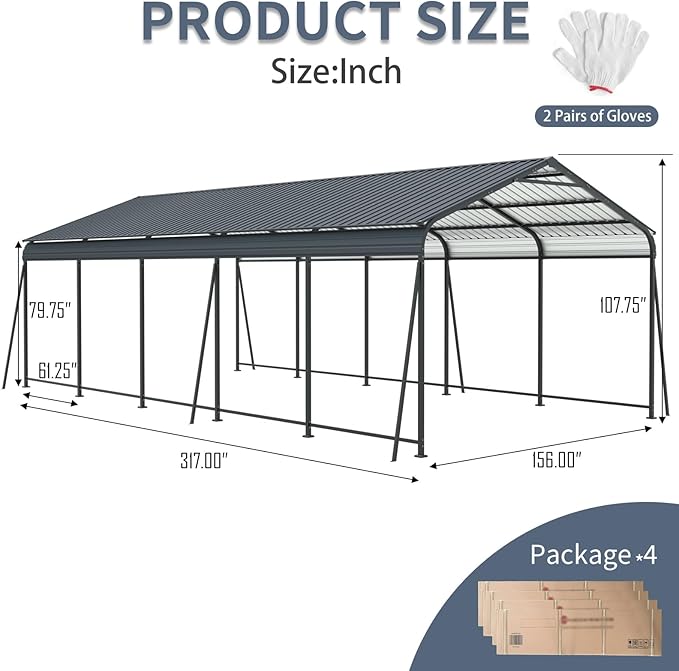 13×26.5 FT Metal Carport, Heavy Duty Carport Canopy with Galvanized Steel Roof and Frame, and 6 Fixed Inclined Square Tube Supports for Driveway Car, Truck