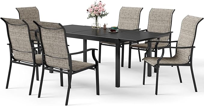 7 Piece Patio Dining Sets for 6, Metal Outdoor Table and Chairs Set with Extendable Rectangular Patio Dining Table and 6 Patio Dining Chairs, Outdoor Dining Set for Backyard Deck Lawn