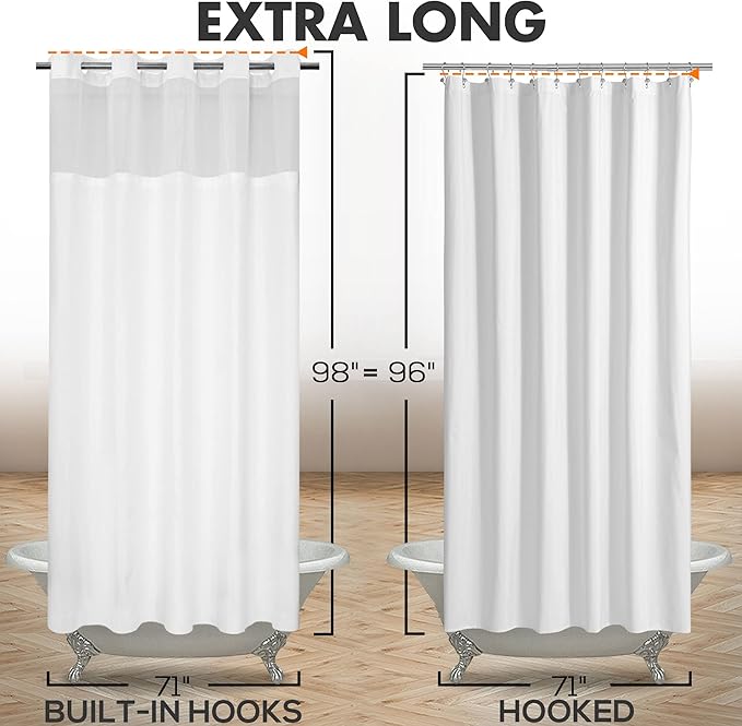 Extra Long No Hook Slub Textured Shower Curtain with Snap-in PEVA Liner Set - 71" x 98"(96"), Hotel Style with See Through Top Window, Fabric Curtain & Waterproof Liner, White, 71x98