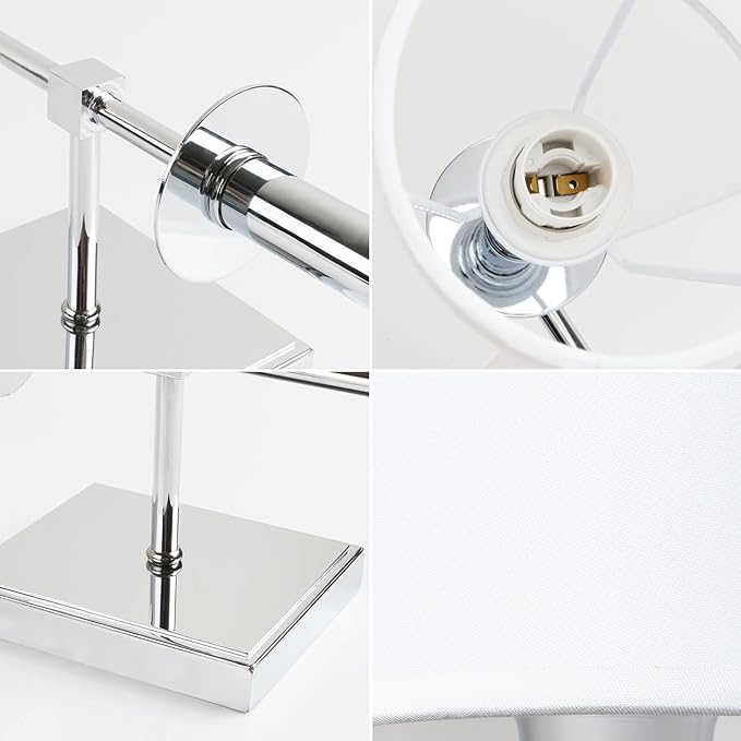 PERMO Set of 2 Classic Rustic Industrial Wall Sconce Lighting Fixture with Flared White Textile Lamp Shade and Chrome Tapered Column Stand