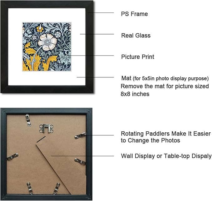 8x8 Picture Frame Set of 9 for Pictures 5x5 with Mat or 8x8 Without Mat, Wall Gallery or Tabletop display Photo Frames in Black