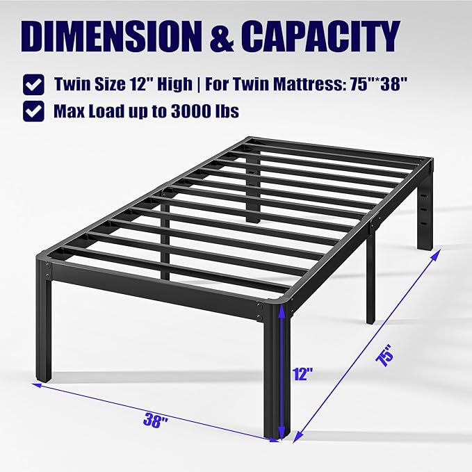 12" Heavy Duty Twin Bed Frame No Box Spring Needed, Metal Platform Bed Frame Twin with Round Corners, Easy Assembly, Noise Free, Black