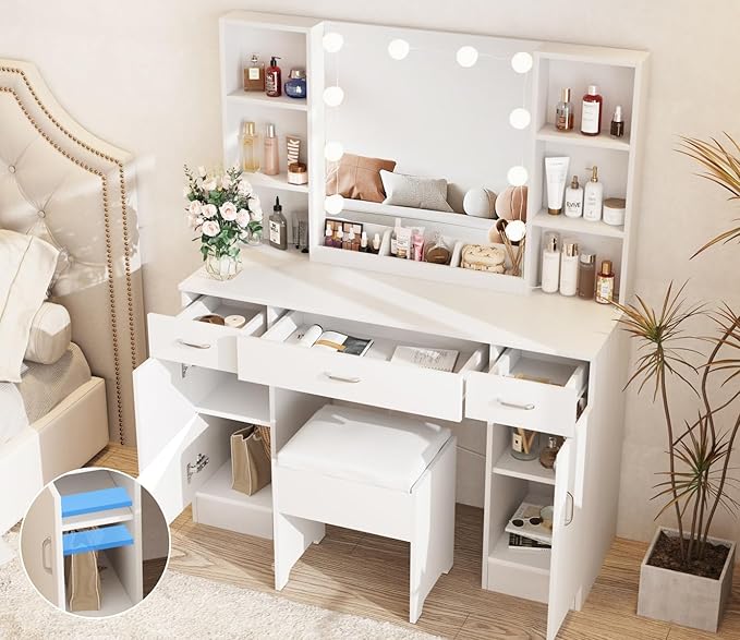 Vabches Vanity Desk with Lighted Mirror, Large Makeup Vanity Table Set with Bench & Cabinets, 45.2inch (W), White