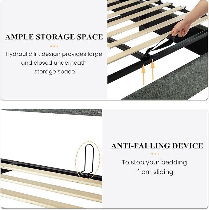 SHA CERLIN Full Size Lift Up Storage Bed/Modern Wingback Headboard/Upholstered Platform Bed Frame/Hydraulic Storage/No Box Spring Needed/Wood Slats Support/Dark Grey