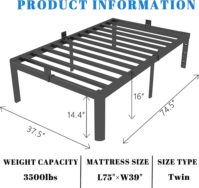 16 Inch Twin Bed Frames, Black Twin Metal Bed Frame with Anti-Slip Baffles, No Box Spring Needed, Heavy Duty Steel Platform Supprt, Rounded Corner Design, Storage Space, Noiseless
