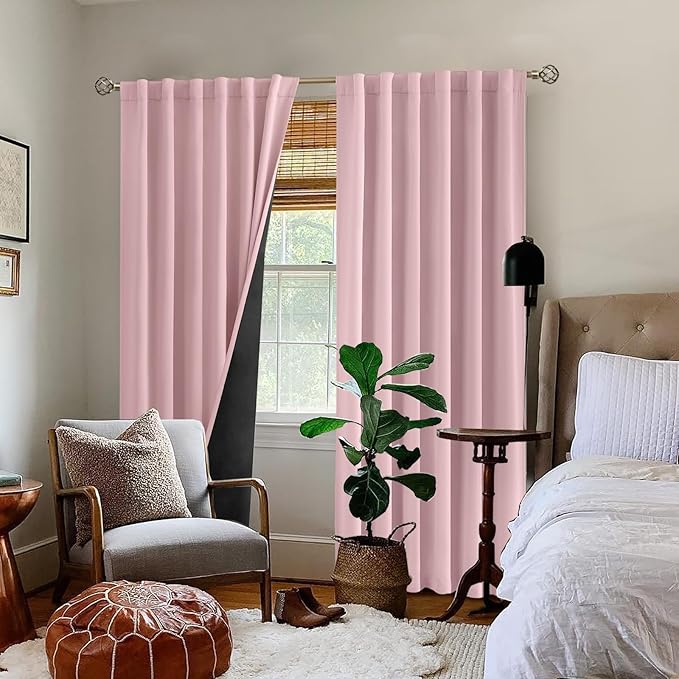 BGment 100% Blackout 80 Inch Curtains with Thermal Insulation Liner, Rod Pocket and Back Tab Double Layer Room Darkening Window Treatment Drapes for Living Room (52 x 80 Inch, 2 Panels, Pink)