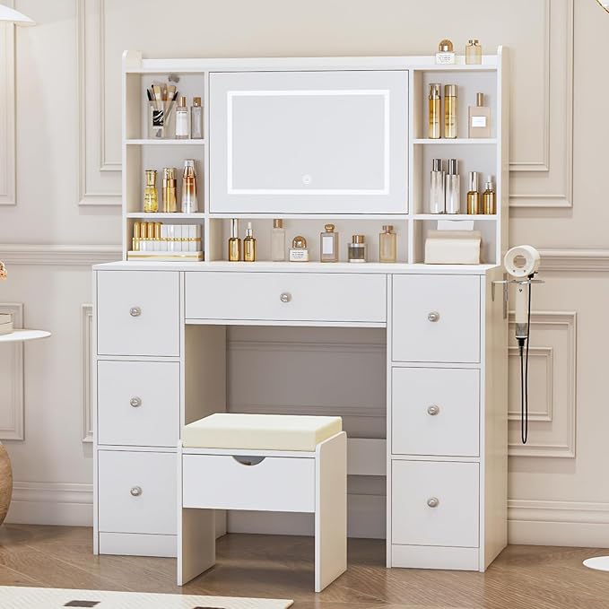 Large Vanity Table with Mirror & Lights - Built-in Power Outlet, Dimmable LED Lighting, 7 Compartments & 7 Drawers - Includes Padded Stool - Ideal Bedroom Makeup Dressing Station (White)