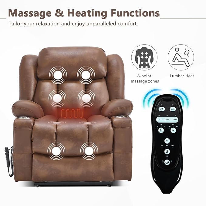 Lay Flat Lift Recliner Chair with Massage & Heat for Elderly People, Electric Power Lift Chair with Dual Motor, Cup Holders and 2 Remote Controls, Breathable Faux Leather Brown
