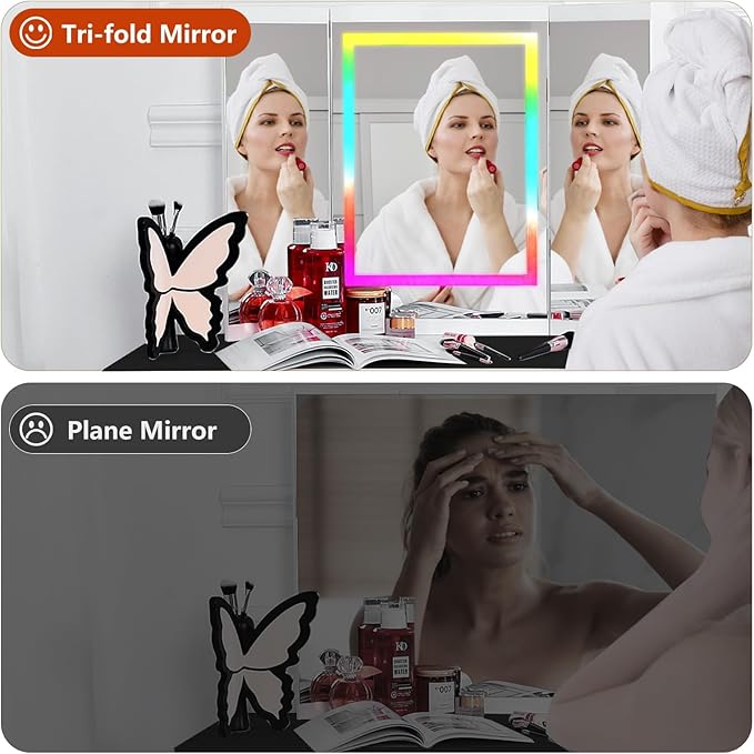 Vanity Desk with Tri-Fold Mirror and Lights, LED Makeup Vanity with 2 Drawers, 2 Doors Storage, Gifts for Girls/Women (Black)