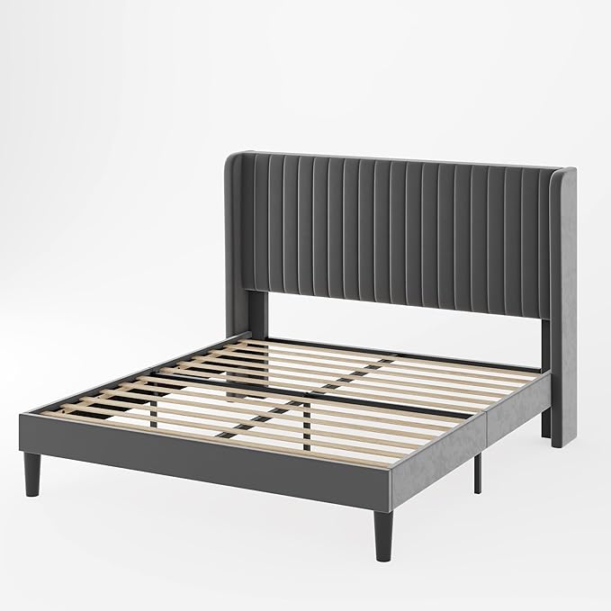 Allewie Full Size Velvet Bed Frame/Vertical Channel Tufted Wingback Headboard/Upholstered Platform Bed/Strong Wooden Slats/No Box Spring Needed/Easy Assembly/Grey