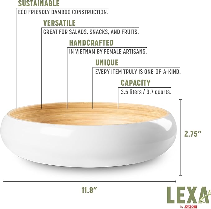 LEXA 12" Handmade White Bamboo Wooden Fruit Bowl for Kitchen Counter - 130 oz Lightweight Large Bamboo Wood Salad Bowl