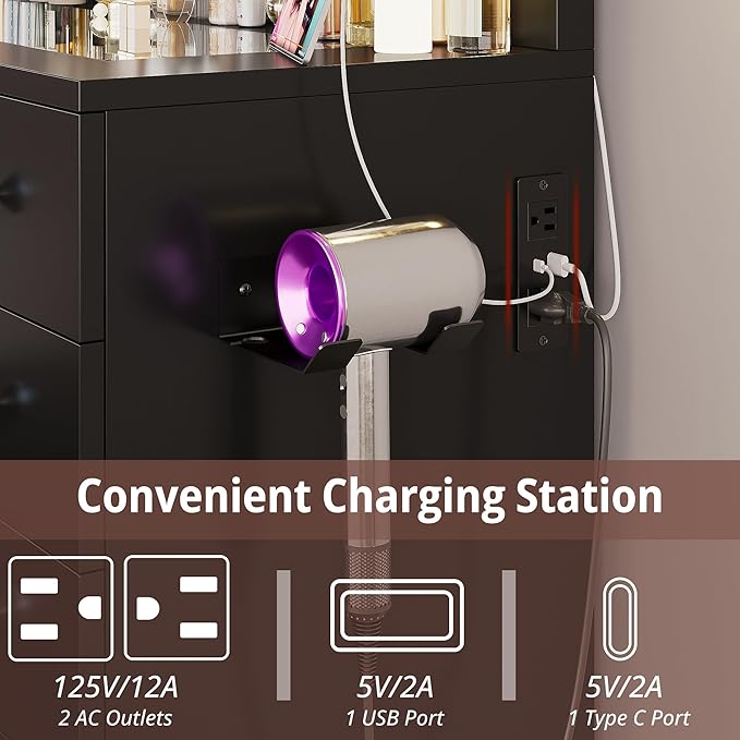 IRONCK 46'' Makeup Vanity Set with LED Mirror & Power Outlet - 11 Drawers, Glass Top, Hair Dryer Rack, Dressing Table with Storage Bench for Bedroom, 3 Lighting Color Adjustable, Black