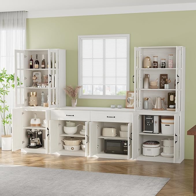 VOWNER 95" TV Stand for TVs up to 75", 4-Piece TV Hutch with Cabinets, Entertainment Center with Bookshelves, Modular TV Console for Living Room, 2D+2F (White)