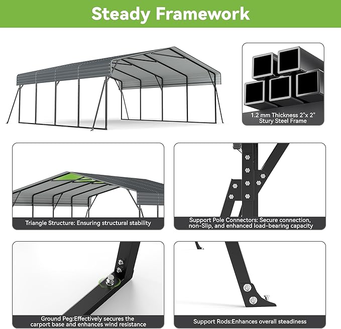 Real Relax 20x20ft Heavy Duty Metal Carport with Galvanized Steel Roof, 4 Support Legs, Outdoor Car Port Shelter for 2 Cars, Trucks and Boats
