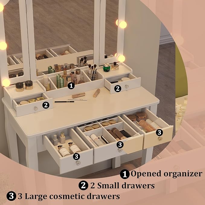 White Vanity Desk with Mirror and Lights Makeup Vanity Set Teen Vanity Mirror with Lights Desk and Chair Makeup Vanity Table Makeup Vanity with Drawers Tocadores