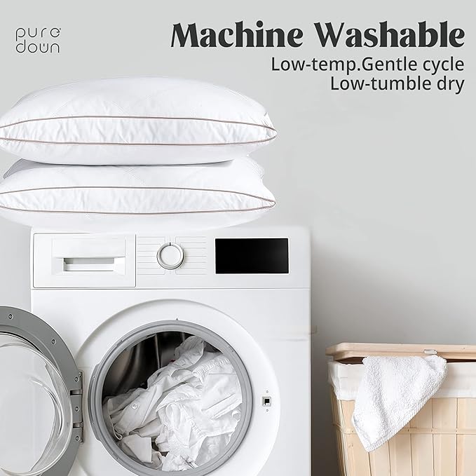 puredown® Natural Goose Down Feather Pillows for Sleeping Oval Gusseted Feather Down Pillow 100% Cotton Pillow Cover with Leaf Quilting Standard Set of 2