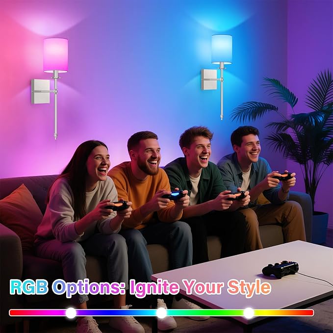 19.9 Inch Battery Operated Wall Sconces Set of 2 with Remote, Brushed Nickel Rechargeable Wireless Wall Lights with White Fabric Shade, Cordless Wall Lamps with Dimmable Detachable Bulbs for Bedroom