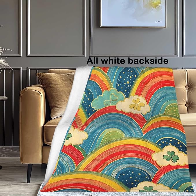 Rainbow Throw Blanket for Women Girls, St Patricks Day Clover Decor for Living Room and Bedroom, Fluffy Lightweight Fleece, Giftable, 50x60 Inches