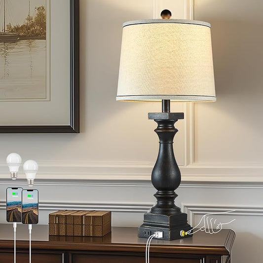 28" Tall Farmhouse Table Lamps with USB C+A Ports and AC Outlet, 3 Way Touch Control Rustic Bedside Lamps for Bedroom, Black Vintage Nightstand Lamps for Living Room Office