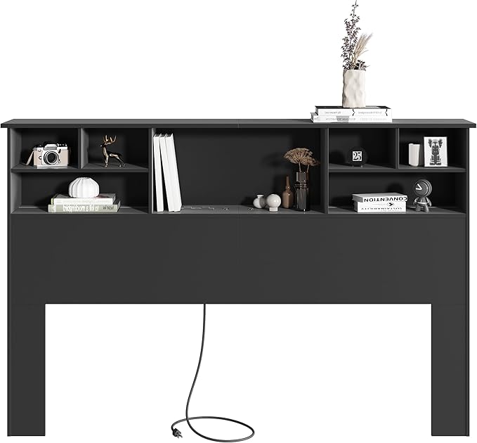 Queen/Full Headboard Only for Bedroom, Stylish Bookcase Headboard with Charging Station & 2 LED Lights, Engineered Wood Queen Size Headboard, Noise-Free HeadBoard with Storage, Black