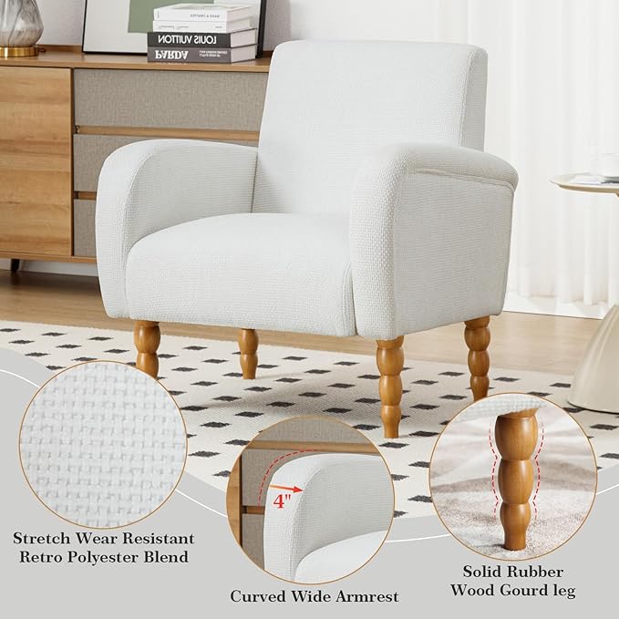 Accent Armchair Set of 1, Mid-Century Modern Living Room Chairs with Gourd-Like Shape Wooden Legs, Chenille Upholstered Single Sofa Reading Chair for Living Room Bedroom Guest Room,White